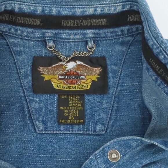 Harley Davidson Women Extra Small XS Blue Denim Snap Embroidered Vest Shirt Top - Picture 8 of 12